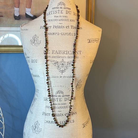 Bronze and green oblong glass beads and tiny seed bead spacer bead long necklace - Picture 8 of 8